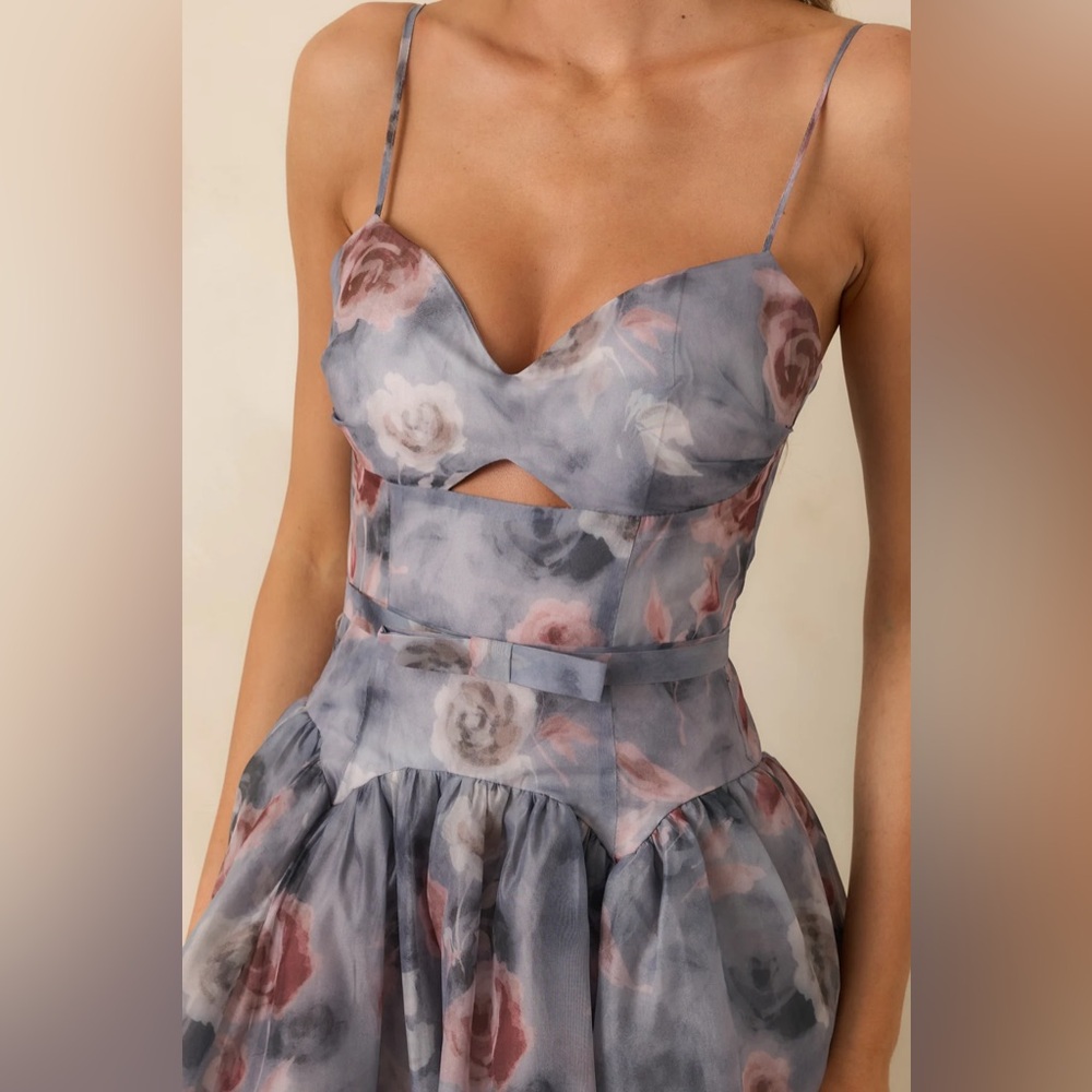 Bloom Service Grey Multi Floral Cutout Bodice Midi Dress - Picture 2 of 3